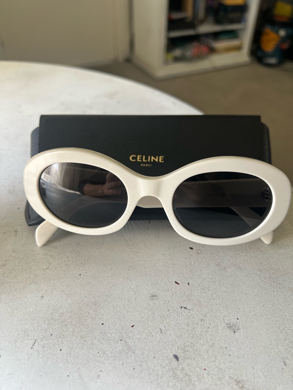 Celine White Oval Sunglasses with Dark Lenses and case